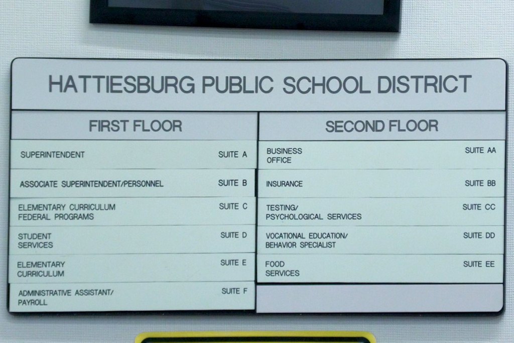 An indoor directory sign lists Hattiesburg Public School District offices on the first and second floors.