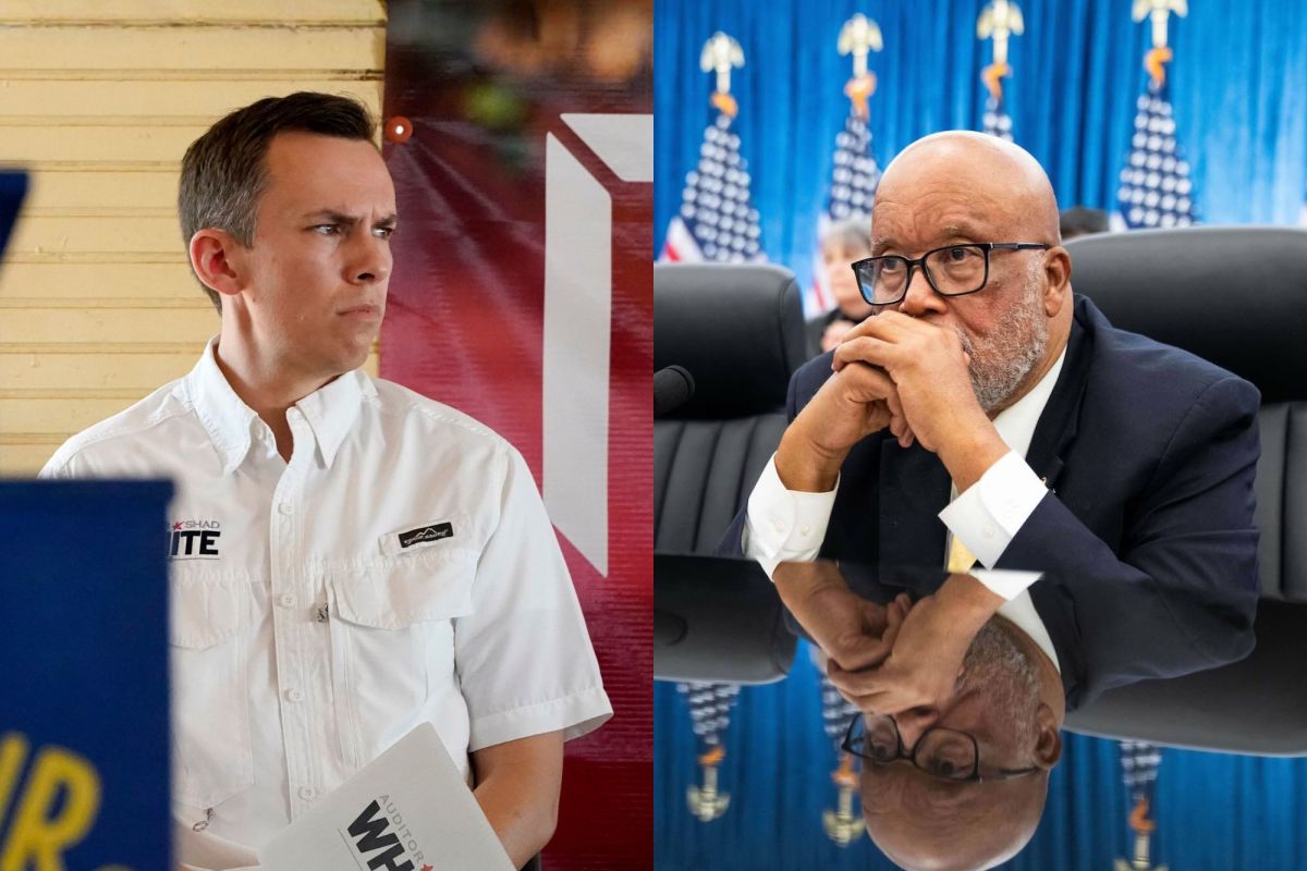 Side by side photos of Shad White at the Neshoba County Fair, and Bennie Thompson at a committee meeting in D.C.