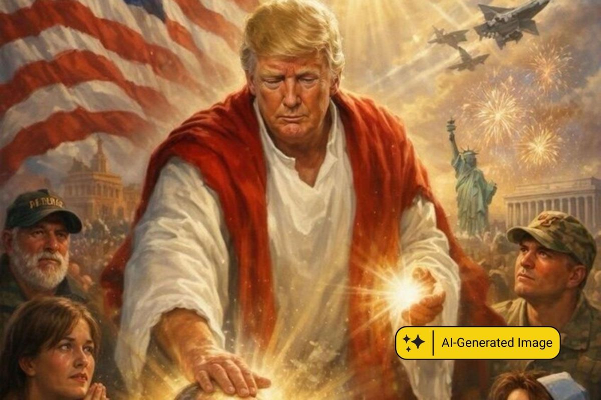 An AI generated image of Trump depicted as Jesus, laying hands on a patient as the military and nurses look on