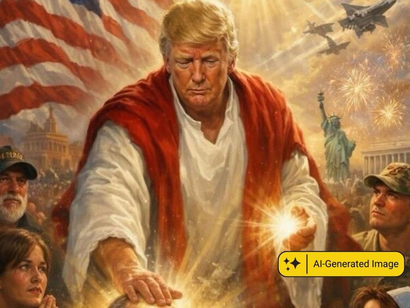 An AI generated image of Trump depicted as Jesus, laying hands on a patient as the military and nurses look on