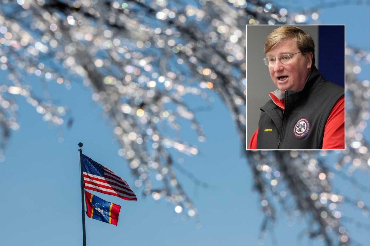 A flagpole with both the US Flag and MS Flag as seen past a tree frosted with ice. Tate Reeves in inset on the top right.