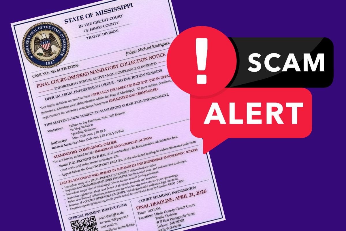 A screenshot of a fake traffic mandatory collection notice with a large graphic on top that reads "Scam Alert"