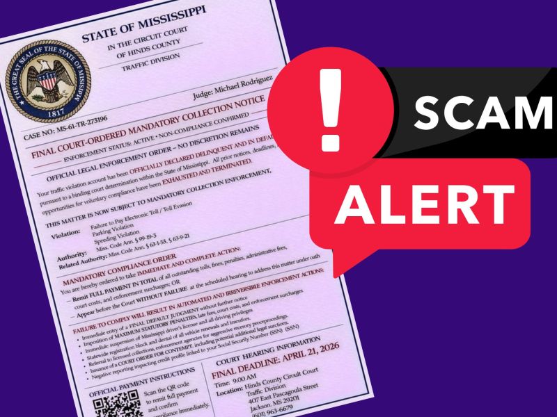 A screenshot of a fake traffic mandatory collection notice with a large graphic on top that reads "Scam Alert"