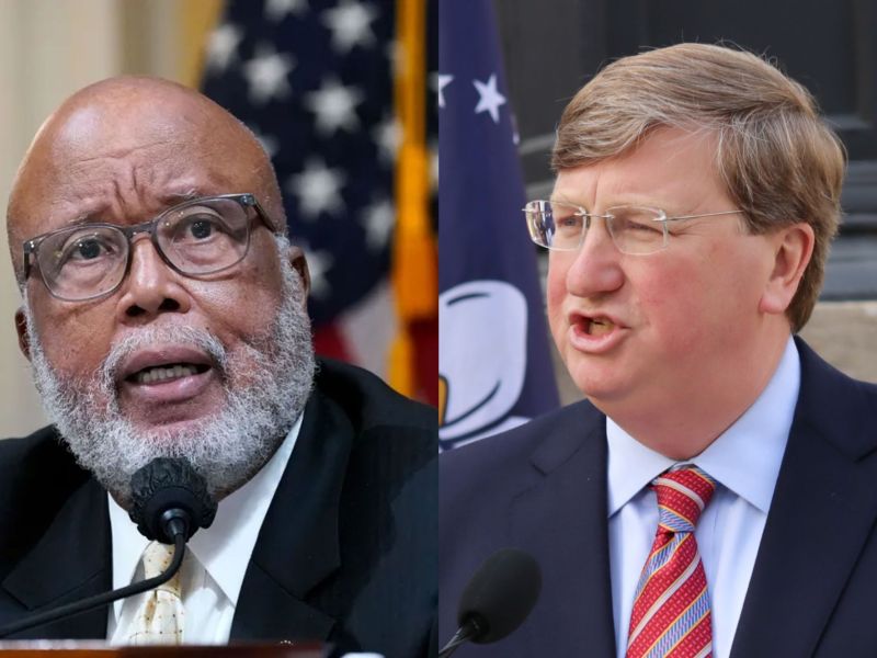 A side by side image with Bennie Thompson on the left and Tate Reeves on the right. Both are speaking in public,