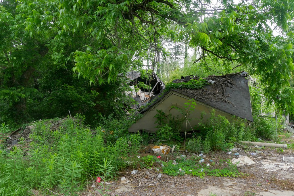 The roof of what was once a home is on the ground, surrounded by greenery.