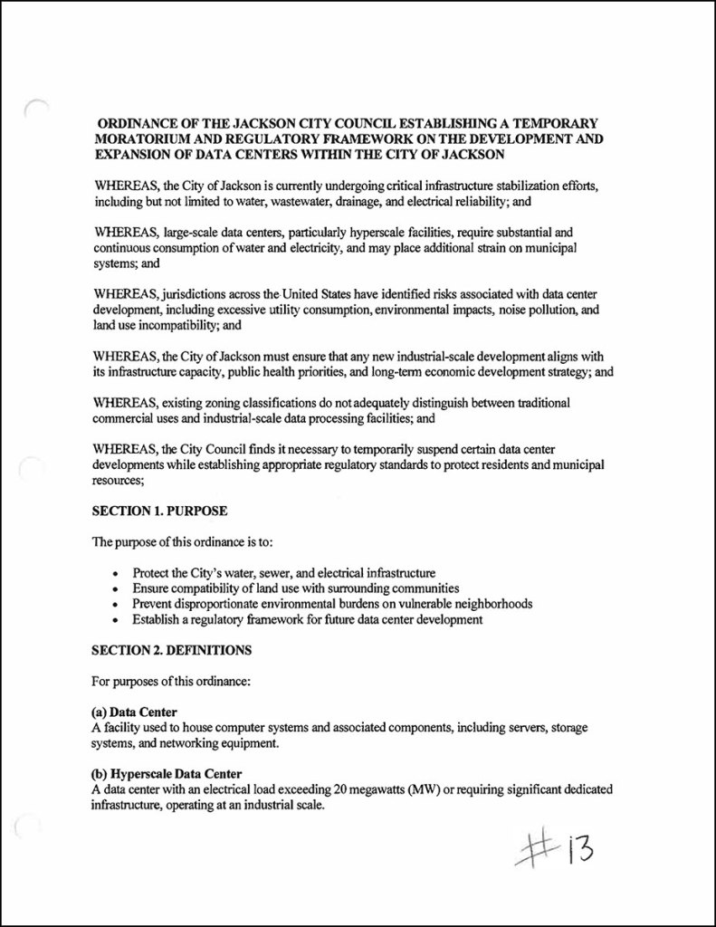 The Jackson Data Center Moratorium document