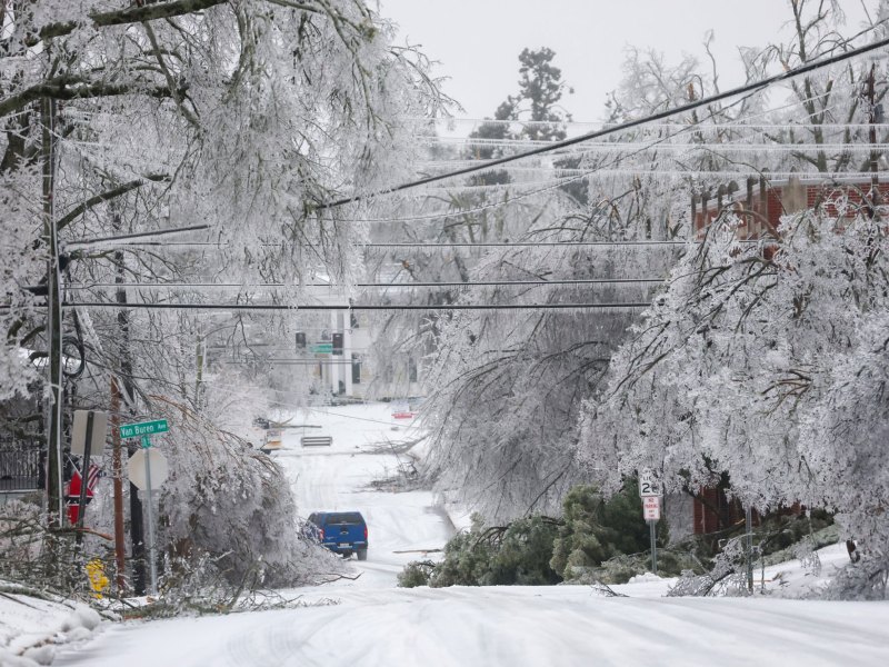 A neighborhood road with trees covered in snow and ice.
