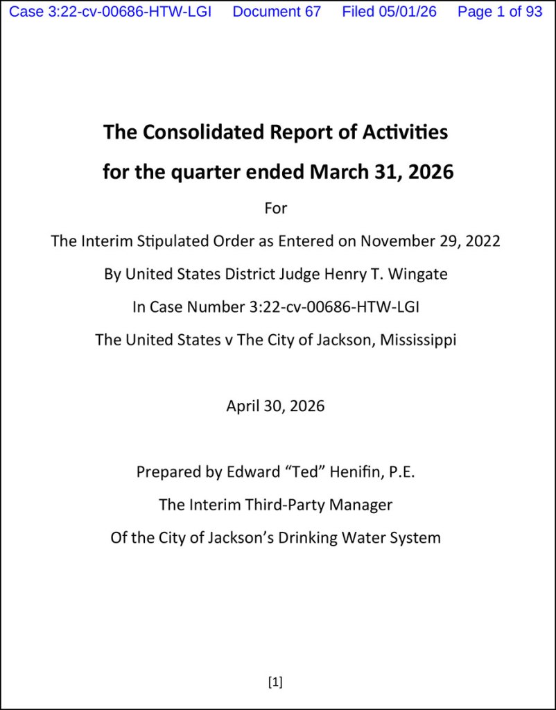 A pdf file containing a status update on the Jackson water system case in federal court.