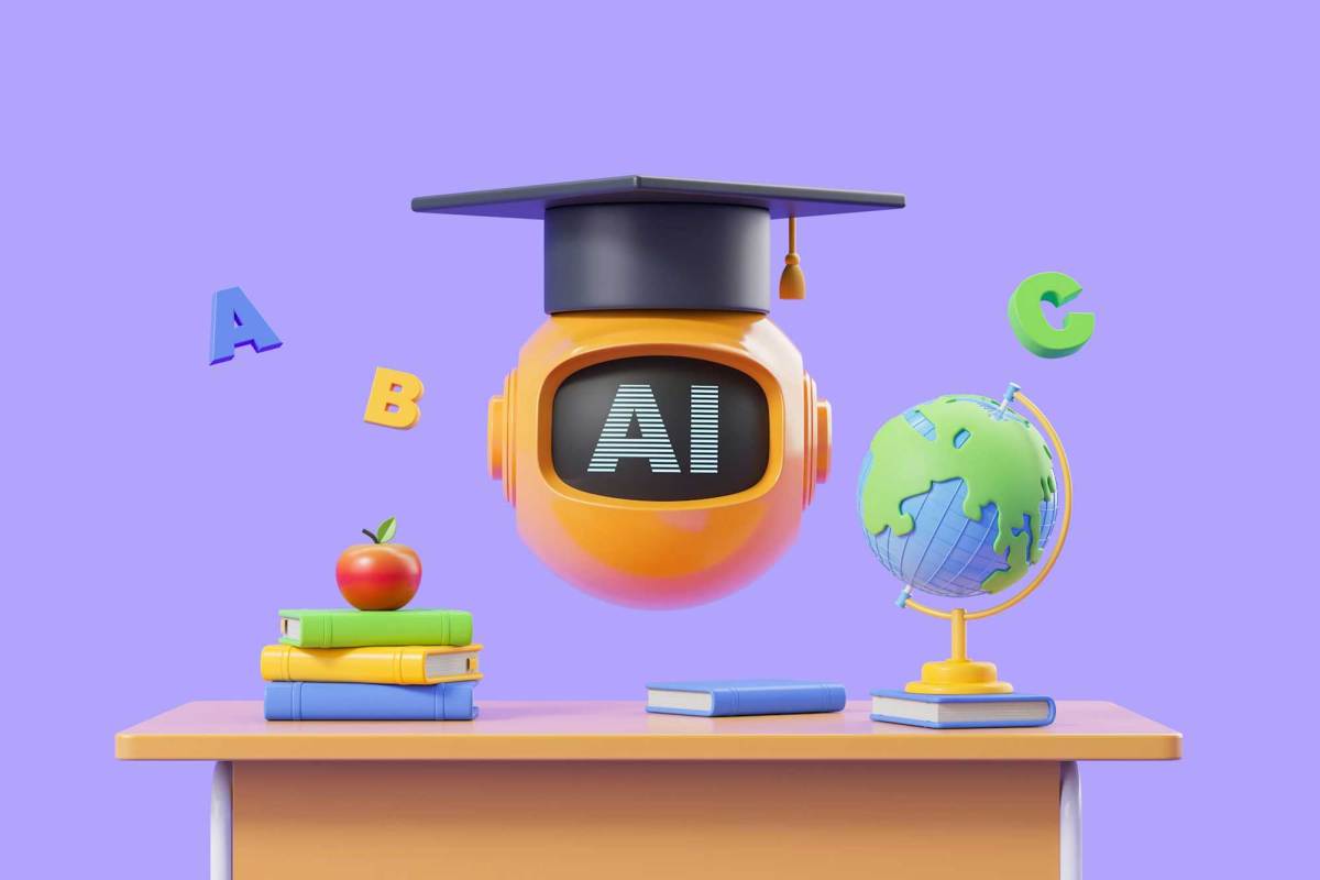 A mock TV with “AI” on the screen next to a stack of books and a globe.