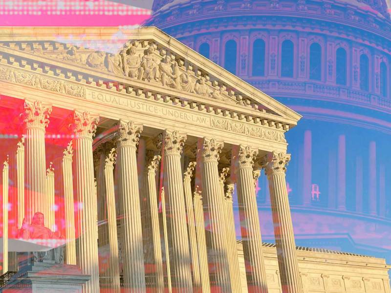 A colorful photo collage of the U.S. Supreme Court building and the U.S. Capitol
