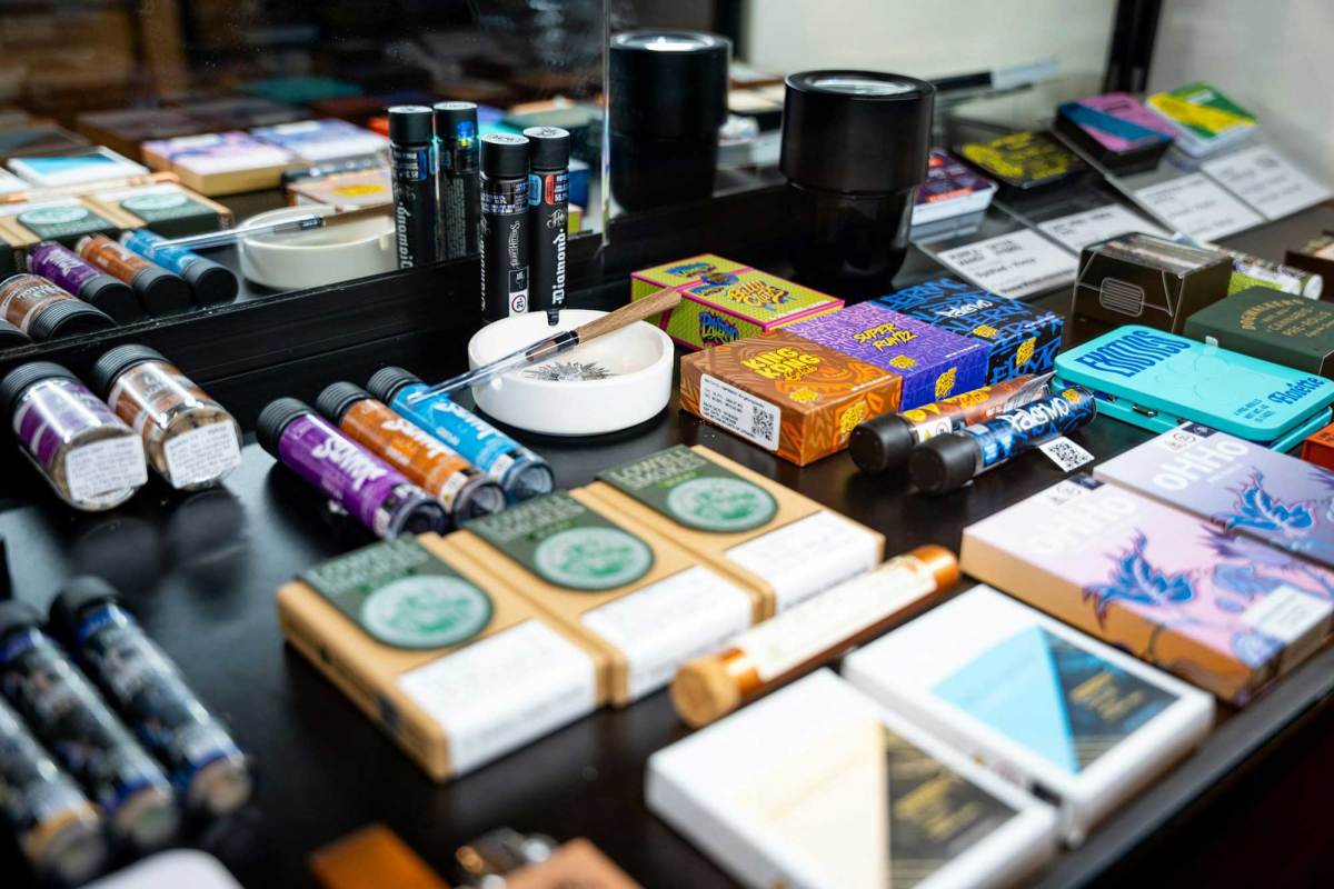 Various THC and cannabis products on display on a table