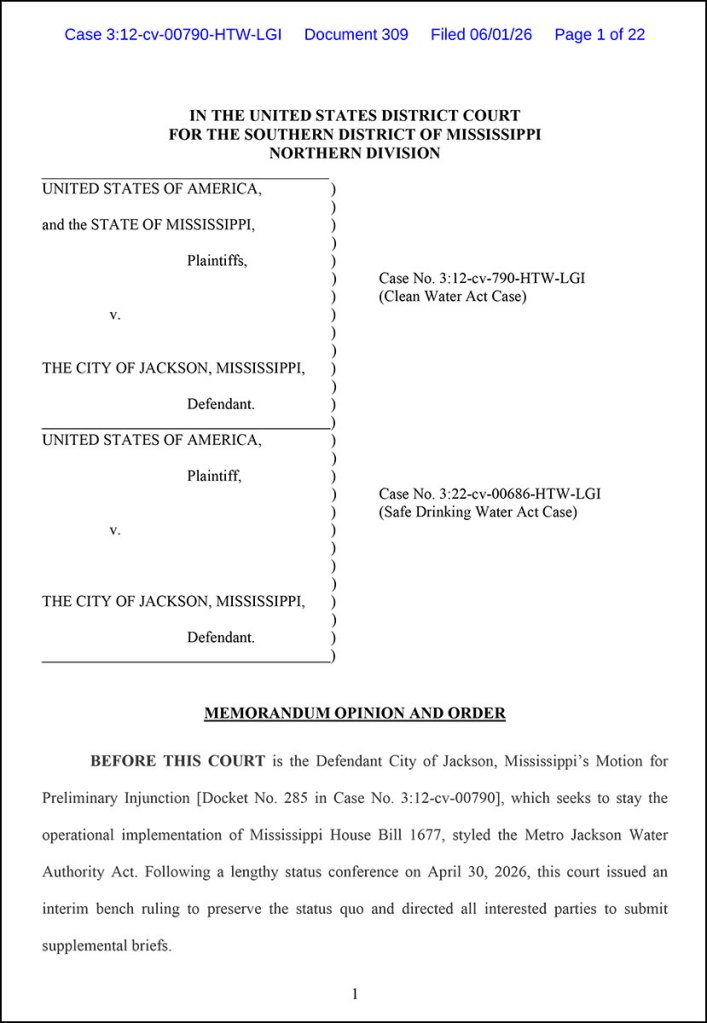 A pdf file containing Federal District Court Judge Henry Wingate’s June 1, 2026, order for a partial injunction against the Jackson Metro Water Authority Act.