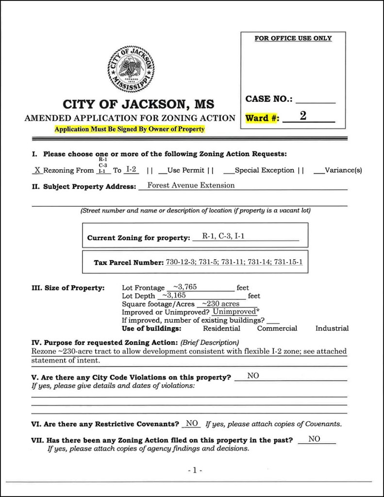 An application for amended zoning action in the City of Jackson, MS