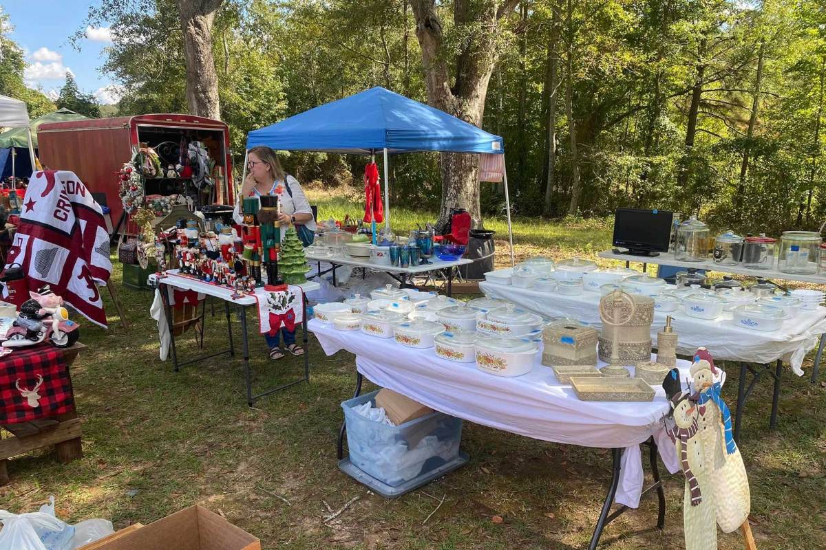 Tables and pop up tents set up for a yard sale outside in front of a wooded area