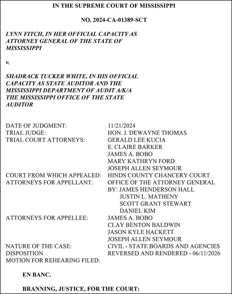 A PDF of a case Lynn Fitch v. Shadrack Tucker White