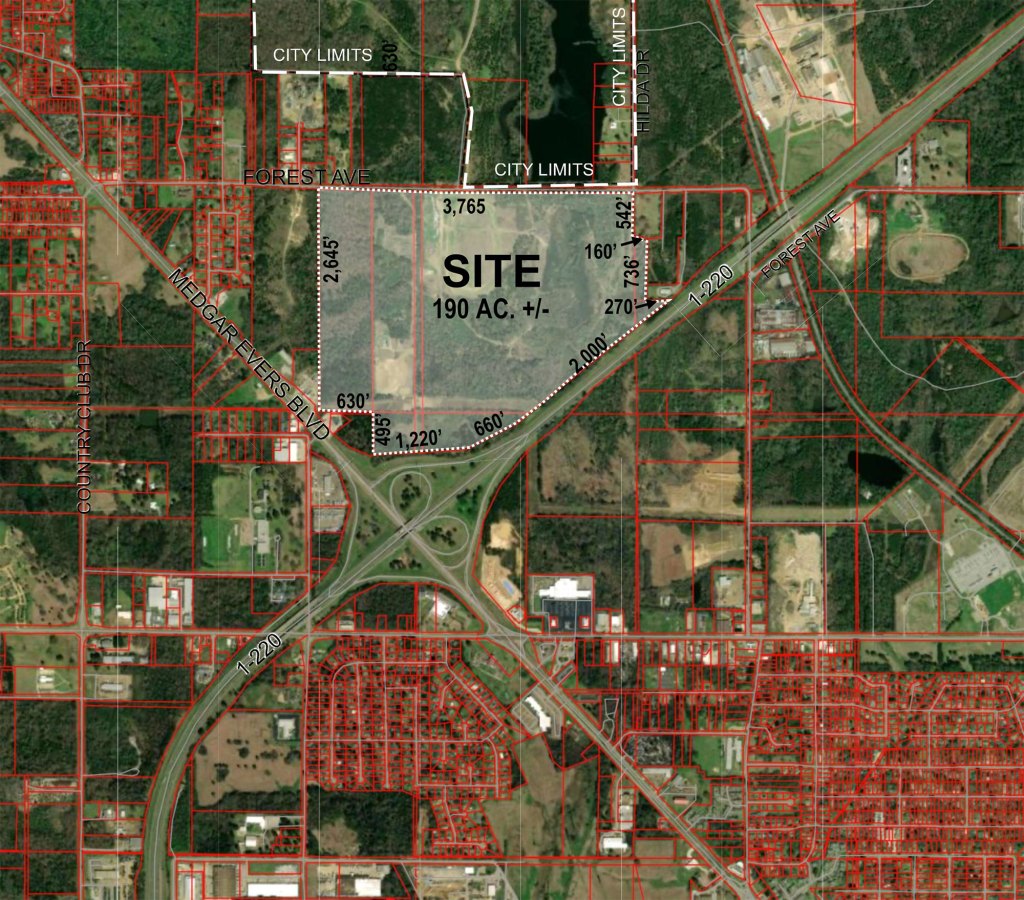 A zoning map showing an area labeled as SITE 190 AC +/-