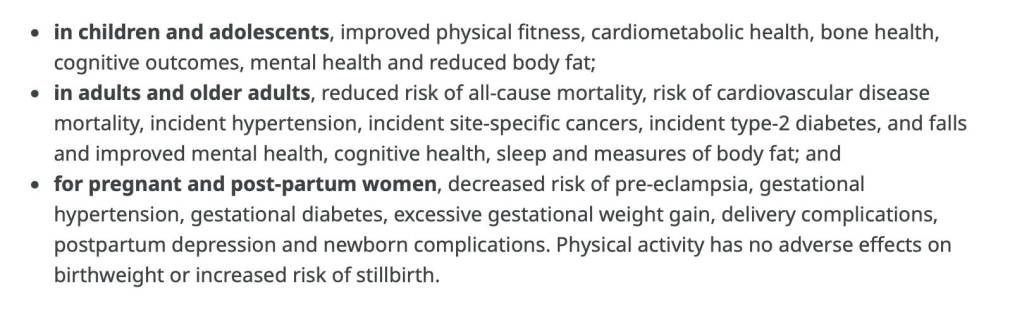 List showing health benefits of exercise for children, adults and pregnant women.